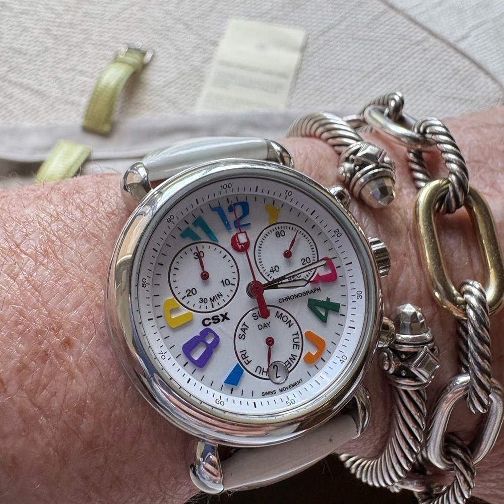 Michele White Chronograph Watch with Multi Color Dial